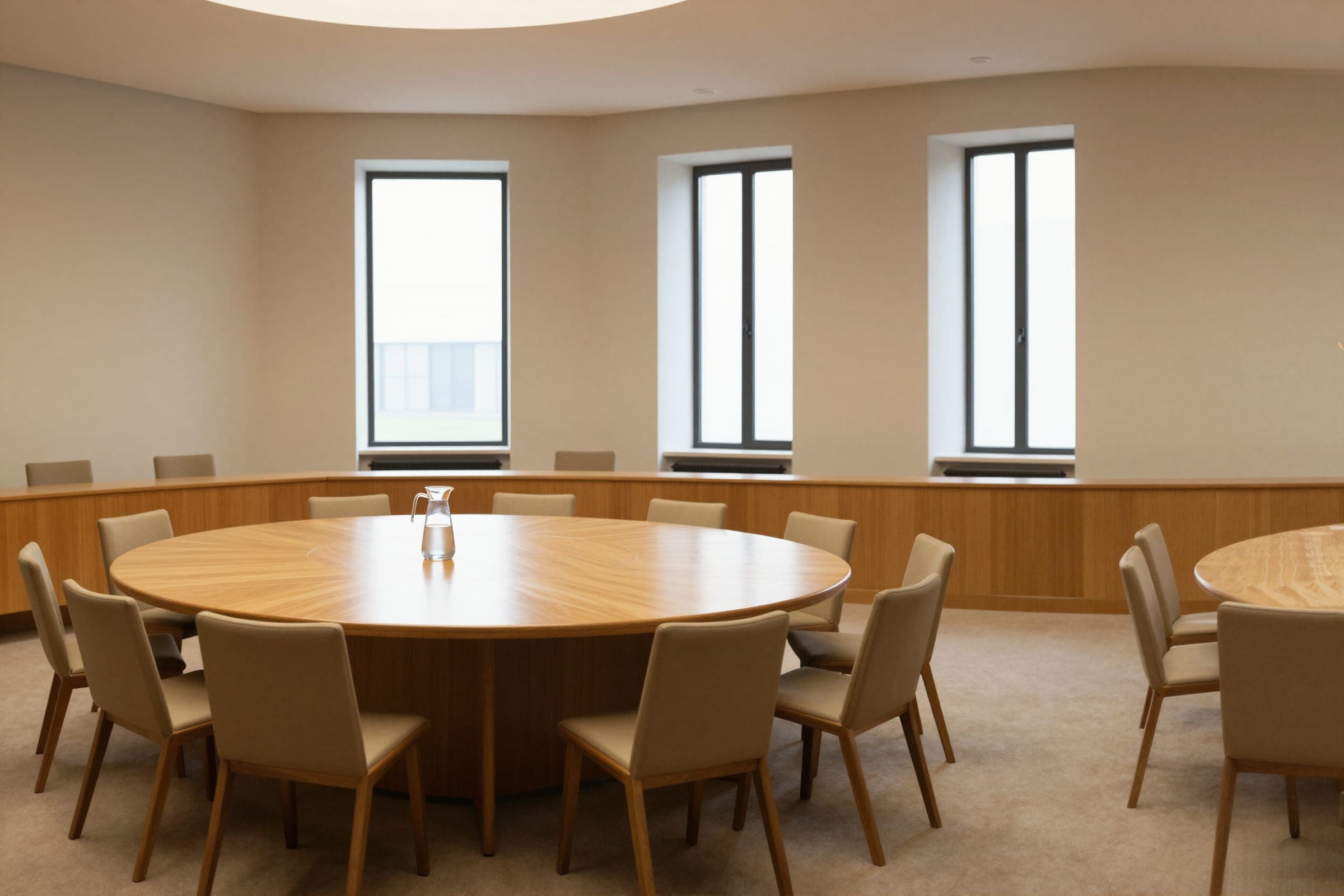 An empty council chamber table, set for a meeting.