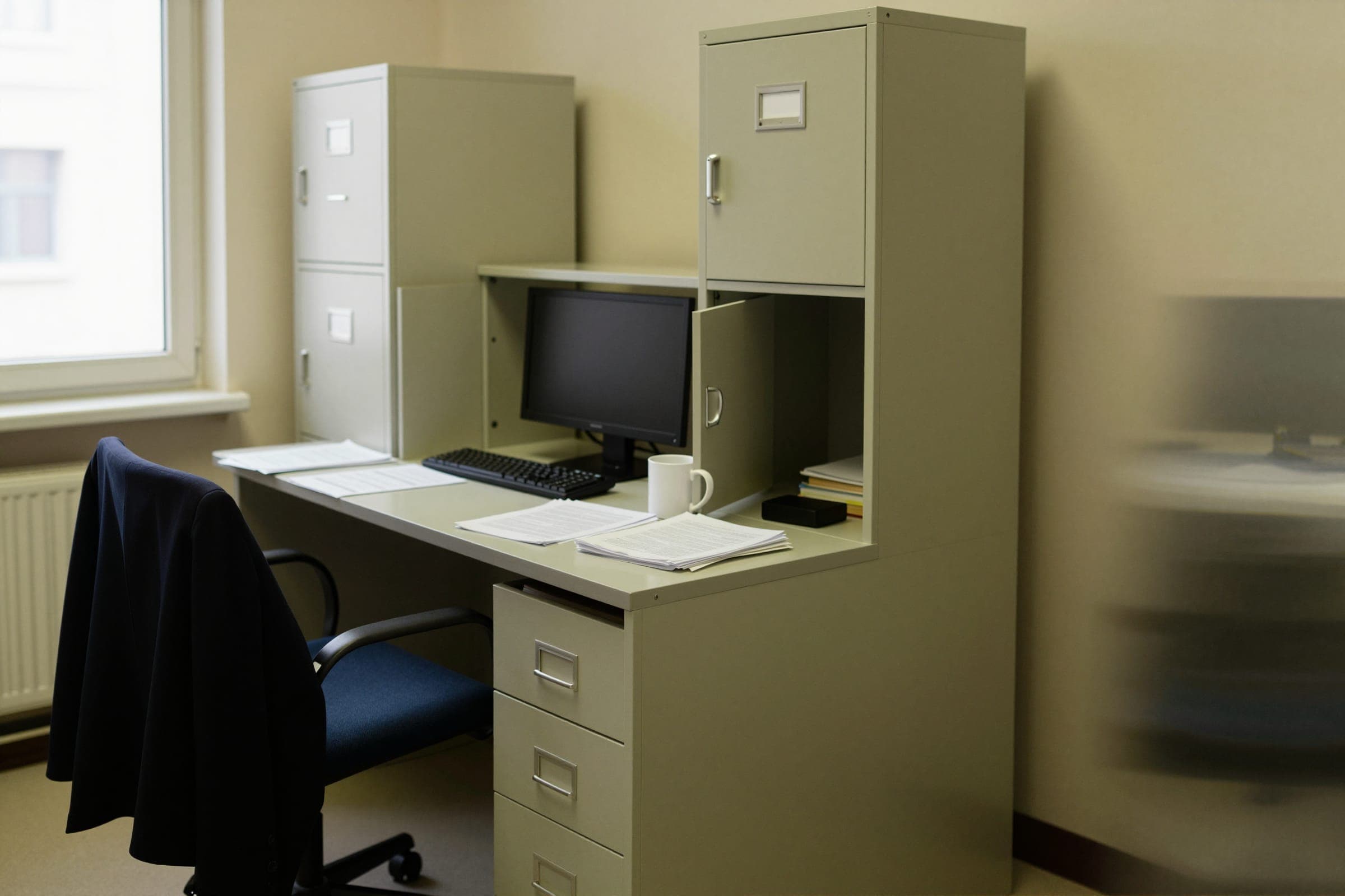 A band office desk with papers out and a coat over the chair.