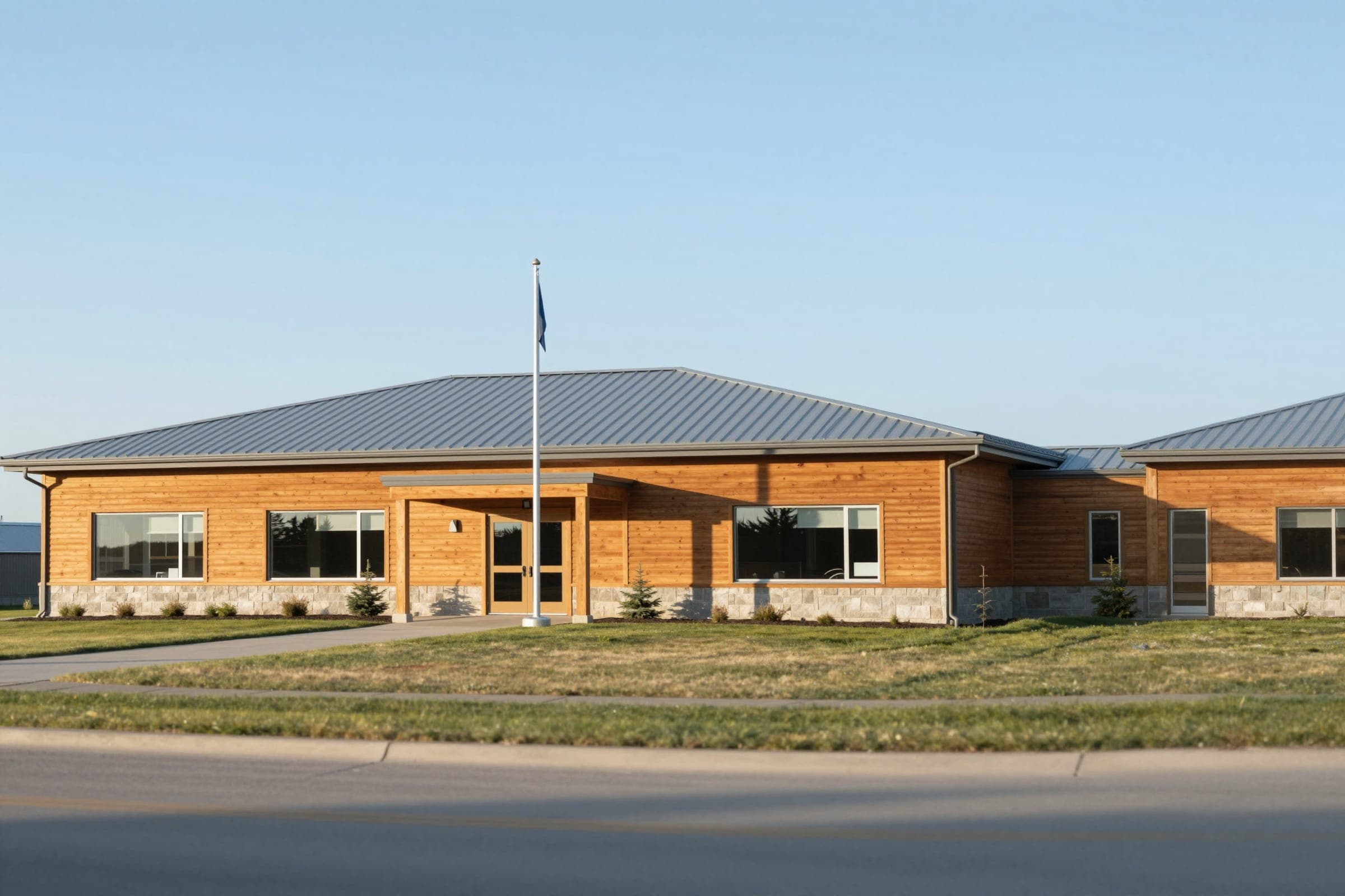 A community building on a clear day.